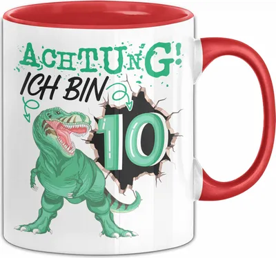 Produktbild von 10. Geburtstag Geschenk Tasse Becher Jungs Sohn T-Rex Geburtstagsgeschenk Dinosaurier Achtung Ich bin 10 (Rot)