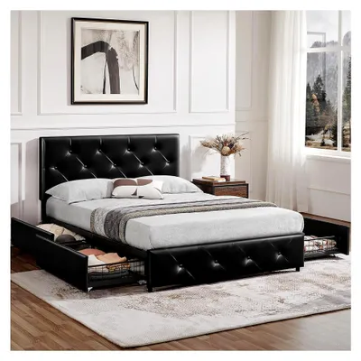 Produktbild von Polsterbett Bettrahmen 140 x 200 cm Doppelbett mit Lattenrost und höhenverstellbarem Kopfteil, Stoffbett mit Stauraum, Schwarz