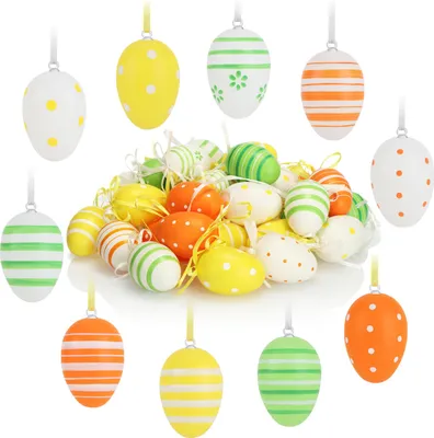Produktbild von com-four® 36x handbemalte Ostereier zum Aufhängen - farbenfrohe Osterdeko mit tollen Mustern - Deko Ostereier mit Schnur zum Aufhängen - Größe: 6 cm