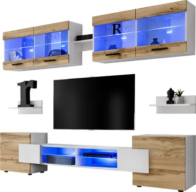 Obrázek produktu pro Extreme Furniture Vision | Nábytek Do Obývacího Pokoje S Tv Skříňkou, 2 Vitrínami A 2 Policemi Bílý Korpus A Fronty Wotan
