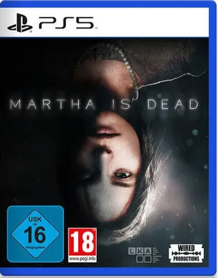 The image is a product shot of the video game 'Martha is Dead' for PlayStation 5. It features the game's cover art, which includes a dark, atmospheric image of a woman's face and the game's title. Age rating icons are also visible.