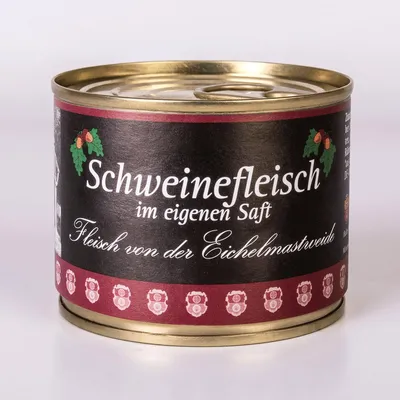 Produktbild von Eichelmastschwein Fleisch im eigenen Saft 200g Dose