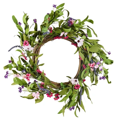 Imagen del producto de Corona decorativa artificial VEVOR, de 55,88 cm, en color rosa/verde, adornada con margaritas, gentianas y capullos, ideal para decoración del hogar, para ocasiones especiales y para bodas.
