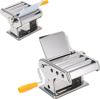 Two views of a stainless steel manual noodle maker.