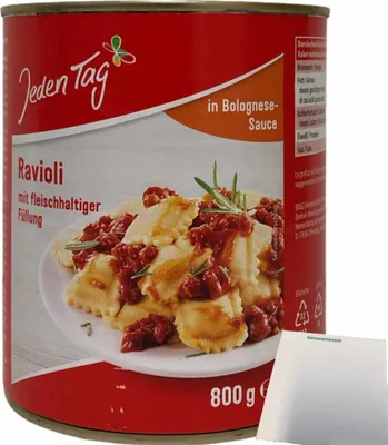 Produktbild von Jeden Tag Ravioli mit fleischhaltiger Füllung in Bolognesesauce (800g Dose) + usy Block