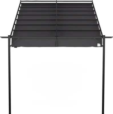 A dark gray pavilion with a retractable canopy, shown from a front-facing, slightly elevated angle against a white background.