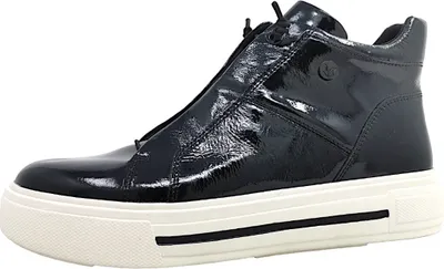 A black patent leather high-top sneaker with a white sole, shown from the side against a white background.