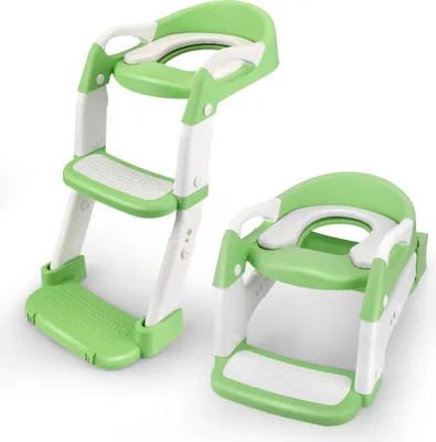 Image de Siège de toilettes pour enfants - Pot d'apprentissage avec échelle - 3-en-1 - Protection anti-éclaboussures - Siège en silicone - Pour les enfants de 25 à 36 mois - Vert