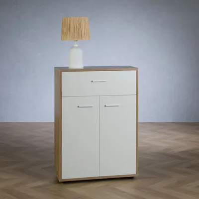Produktbild von Kommode Sideboard Schrank TOMMY in Sonoma Eiche / weiß, Anrichte Highboard mit Schublade und 2 Türen