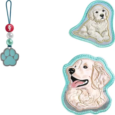 A collage of dog-themed accessories, including a keychain with beads and a paw charm, and two embroidered patches of golden retrievers.