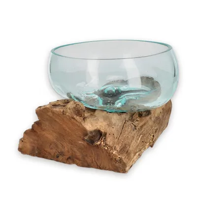Produktbild von Glasschale auf Wurzelholz, mundgeblasene Dekoschale aus recyceltem Glas, Glas abnehmbar, Obstschale, Handarbeit, Unikat