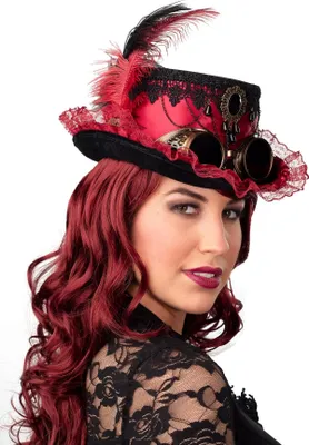Produktbild von O28333 rot Damen Gothic Zylinder Steampunk mit Dekor Federn und Brille