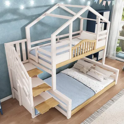 Obrázok produktu pre Poschodová posteľ pre deti, horná časť 90x200 cm, spodná časť 140x200 cm, domčeková poschodová posteľ, biela s vzhľadom prírodného dreva, s úložným priestorom, poličkami a latovými roštami