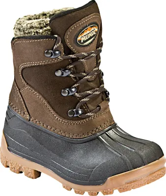 A single brown and black winter boot for children, shown from a three-quarter angle against a white background.