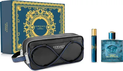 A gift set containing Versace Eros Pour Homme Eau De Parfum, a travel spray, and a toiletry bag.