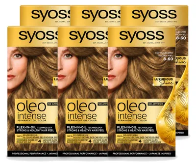 Imagen del producto de 6 unidades de SYOSS Oleo Intense 8-60, coloración permanente para el cabello sin amoníaco, tono rubio miel. Paquete económico