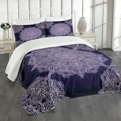 Produktbild von ABAKUHAUS lila Mandala Tagesdecke Set, Böhmisches Blumenmuster mit ununterbrochenem rundem Mandala-Konzept, 264 x 220 cm, Pale Mauve und Indigo