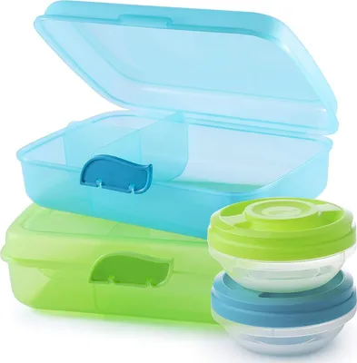 Produktbild von Brotdosen, 2 Stück+2 Schraubdeckeldosen, Lunchbox, Brotdose mit Fächern und Clickverschluss, Bento Box, Brotzeitbox, Frühstücksbox grün und blau