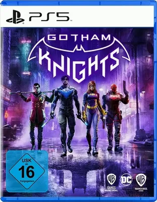 The cover art for the video game Gotham Knights, featuring the four main characters standing in a city street at night.