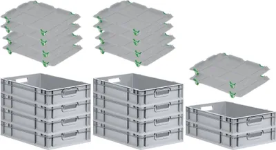 Produktbild von SparSet 10x Eurobox NextGen Grip mit Auflagedeckel inkl. 4 grünen Schiebeschnappverschlüssen | HxBxT 12x40x60cm | 23 Liter | Grau | Griffe offen | Glatter Boden | Eurobehälter, Transportbox, Transportbehälter, Stapelbehälter