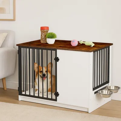 Productafbeelding van Binnenkennel voor honden met bakjes, houtlook, middelgroot