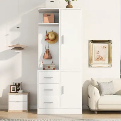 Produktbild von okwish Eingangsschrank mit 3 Schubladen und Kleiderhaken, Kleiderschrank mit Ablagefächern und Kleiderstange,für Flur oder Schlafzimmer,Weiß