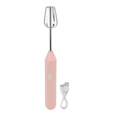 A pink electric hand mixer with a silver whisk attachment and a white USB charging cable on a white background.
