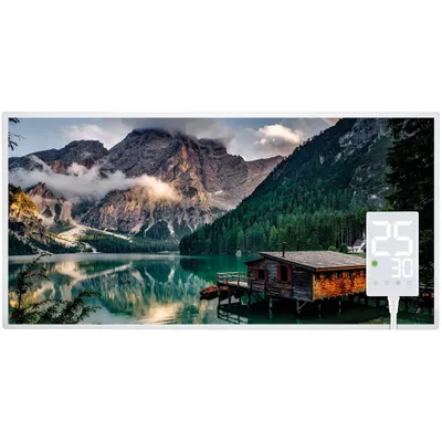 A landscape image of a mountain lake with a cabin, overlaid with a digital display showing temperature.