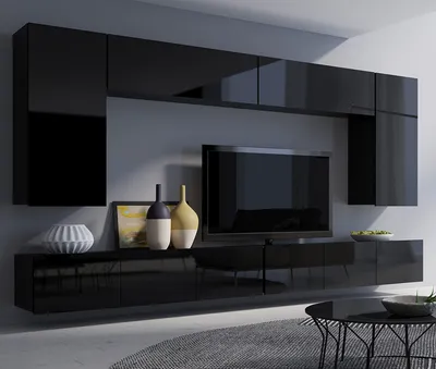 Produktbild von Moderne Wohnwand CALABRINI-13 Wohnzimmer-Set Hängewohnwand Schrankwand Hochglanz TV-Schrank Anbauwand (Schwarz)