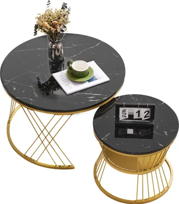 Produktbild von Merax 2er Set Couchtisch hochglanz Wohnzimmertisch mit Metallrahmen, Satztisch Sofatisch in Marmoroptik, Beistelltisch Rund Modern, Schwarz