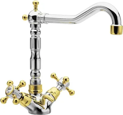 A close-up studio shot of a kitchen faucet.