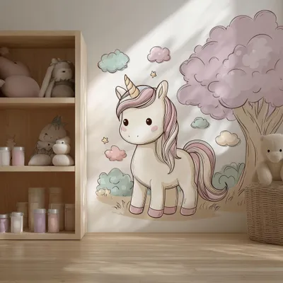 pastellfarbenes Cartoon-Einhorn – Decords Wandtattoo, Produktansicht 1