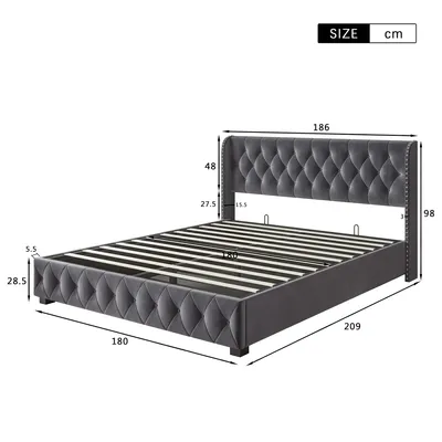 Produktbild von CDGlobal Polsterbett Stauraumbett Hydraulisch Doppelbett 180x200cm, Bett mit Großer Stauraum, Lattenrost aus Metallrahmen, Boxspringbett Rückenlehne Bettgestell (Grau, 180x200cm)