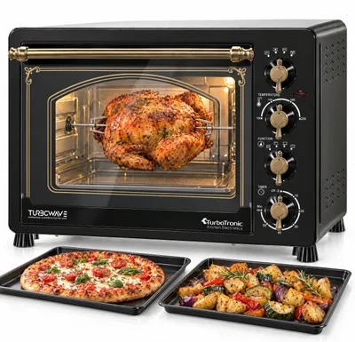 Produktbild von TurboTronic Minibackofen Retro – EV45R – 45 l, 2000 W, Umluft, Drehspieß, Backblech, kompakter elektrischer Vintage-Tischofen, Pizzaofen und Campingofen schwarz