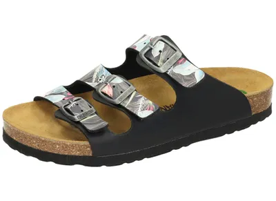 Produktbild von Dr. Brinkmann Damen Pantolette Blumen Muster drei Riemen ergonomisch Novelda, Größe:42 EU, Farbe:Schwarz