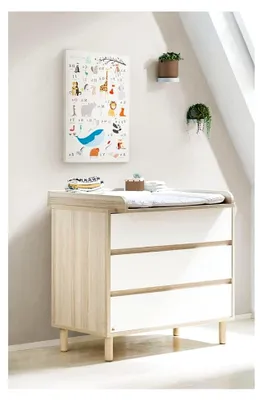 Produktbild von Babyzimmer Wickelkommode in weiß mit Esche Nachbildung inkl. abnehmbarem Wickelaufsatz, B/H/T: 105/90-98/55-77 cm