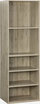 A tall, narrow bookshelf with five shelves, shown against a white background.