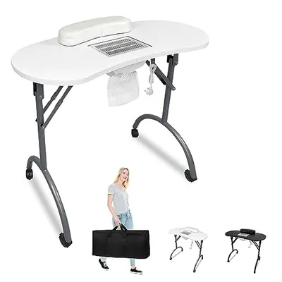 A white nail table with a built-in dust collector and armrest is shown, along with a woman holding a black carrying bag and smaller images of the table in different colors.