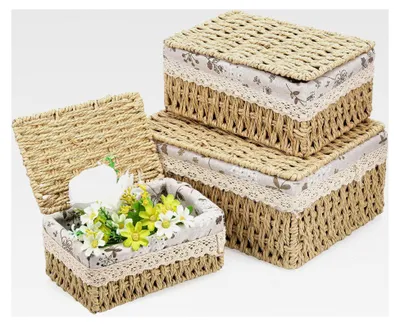 Produktbild von 3-teiliges Set Aufbewahrungskörbe mit Deckel, Geflochtene Körbe für platzsparende Aufbewahrung im Badezimmer, Geschenkkorb mit herausnehmbarem Innenfutter (3 Größen)