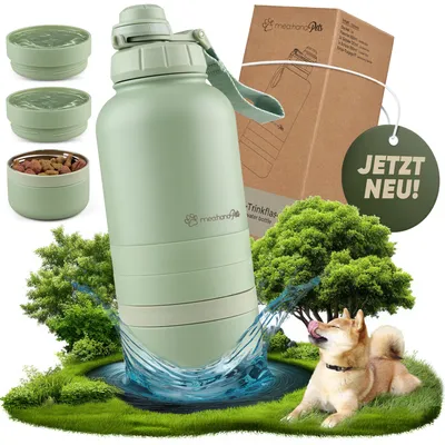 Produktbild von mea:hana Pets Hundetrinkflasche für unterwegs 1l mit Näpfen -für Reisen,Outdoor- Isolierte Edelstahl Flasche mit Napf, Hundezubehör, Hundeflasche