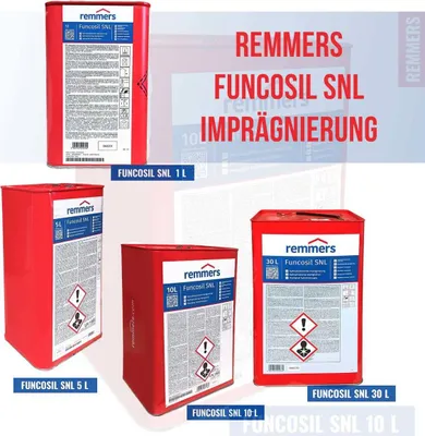 A collage of different sized containers of Remmers FUNCOSIL SNL Imprägnierung.