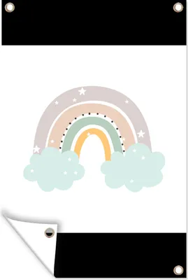 Produktbild von MuchoWow® 80x120 cm Outdoor-Poster Gartendeko Sichtschutz Garten Poster für den Garten  Regenbogen - Sterne - Punkte - Wolken - Kinder