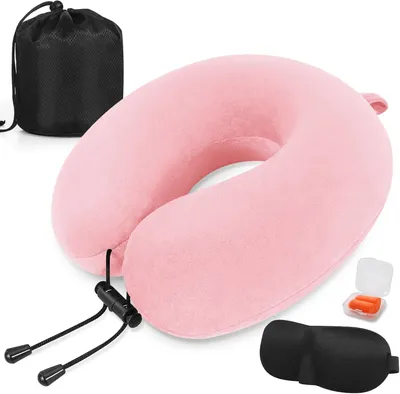 Produktbild von Nackenstützkissen aus Memory-Schaum mit Tragetasche, Ohrstöpseln und Schlafmaske, 1 Stück