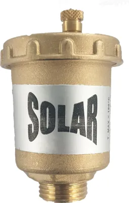 A close-up studio shot of a brass automatic air vent for solar heating systems.
