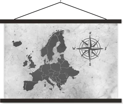 Produktbild von MuchoWow® Textilposter Vintage-Europakarte mit großer Kompassrose - schwarz und weiß 120x80 cm mit schwarzem Rahmen - Wanddeko