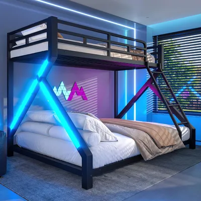 Produktbild von okwish Etagenbett 90/140x200 Stockbett mit Eisenrahmen und LED-Beleuchtung,Bettgestell Kinderbett mit Sicherheitsgeländer,Schwarz(ohne Matratze)