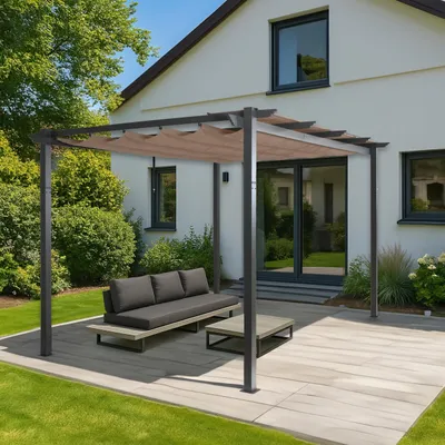 Immagine prodotto di Pergola in alluminio HWC-N93, gazebo da giardino, struttura robusta da 8 cm, tetto scorrevole UV50+ 3x4m ~ grigio