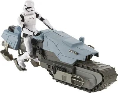 A toy stormtrooper action figure riding a futuristic motorcycle.
