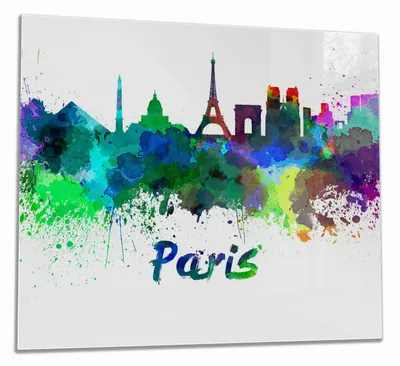 Produktbild von Wallario Herdabdeckplatte aus Glas, Größe 60 x 52 cm 1-teilig, Motiv Städte als Aquarell - Skyline von Paris