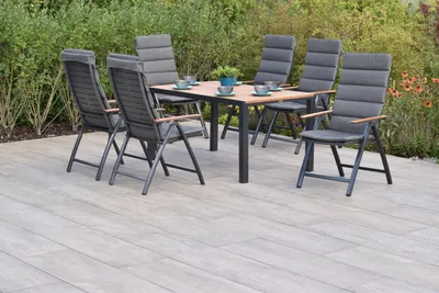 Obrázek produktu pro Sada zahradního nábytku Merxx Tinos, 13 ks, 6 skládacích křesel včetně polštářů, stůl 150 x 90 cm – hliník/akácie